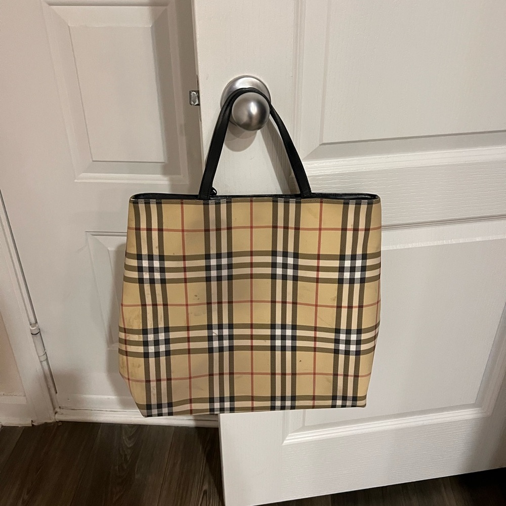 Burberry Beige and Black Checkered Tote Bag